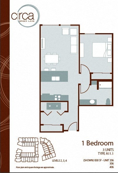 Floor plan for 1 bed, 1 bath, 840 sqft